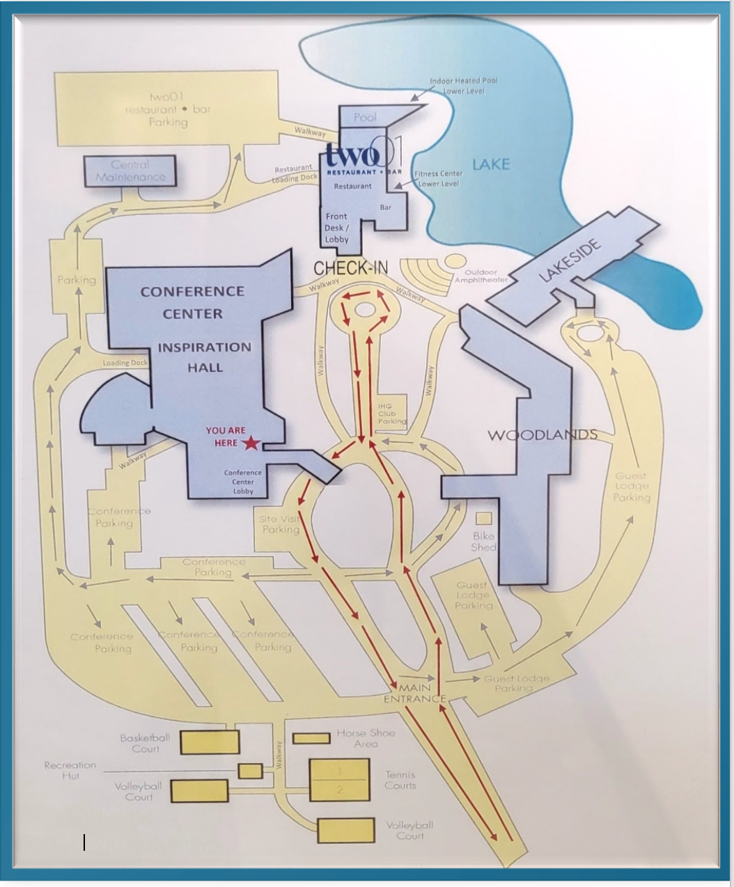 Hotel property map showing Inspiration Hall, hotel check-in, guest lodging and parking